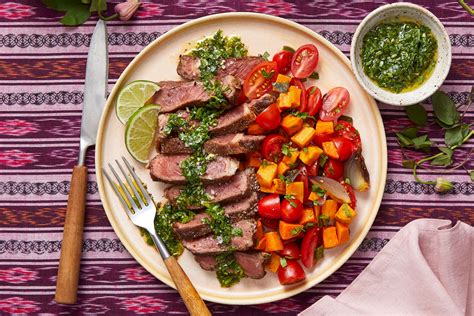 Argentine Chimichurri Steak with Sweet Potato, Tomato Jumble - Keep the tomatoes separate and ...