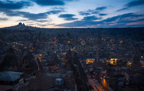 Night Scene of the Uchisar Castle in Cappadocia. Illuminated View of Famous Uchisar Village ...