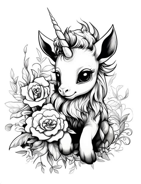 Premium AI Image | Cute baby unicorn dark black and white coloring page