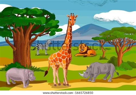 Savannah Landscape Animals Vector Drawing: ilustrações stock 1665726850 | Shutterstock