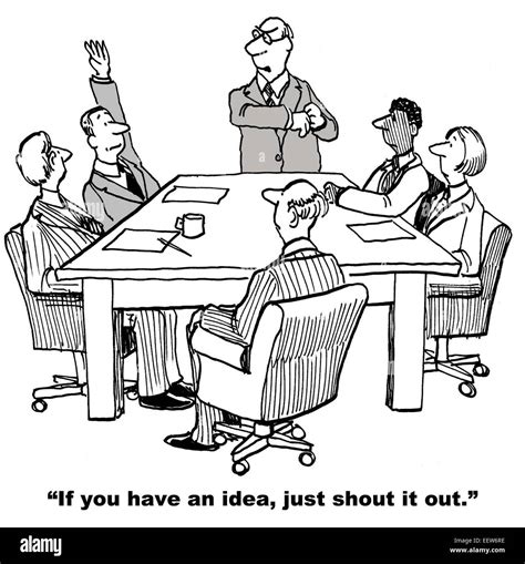 Cartoon of business people in an innovation session and man with arm raised -- is you have an ...