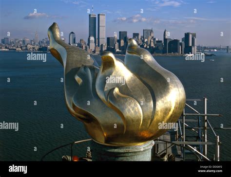 View of the torch platform of the Statue of Liberty looking east at New York harbor, Ellis ...