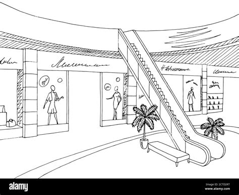 Shopping mall graphic black white interior sketch illustration vector Stock Vector Image & Art ...