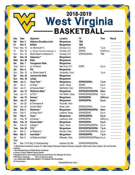 Printable 2018-2019 West Virginia Mountaineers Basketball Schedule