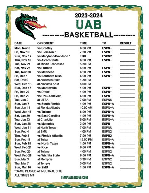 Printable 2023-2024 UAB Blazers Basketball Schedule