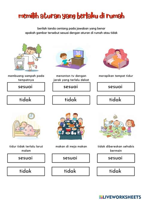 Memilih Aturan yang Berlaku di Rumah worksheet | Kindergarten reading activities, Teacher ...