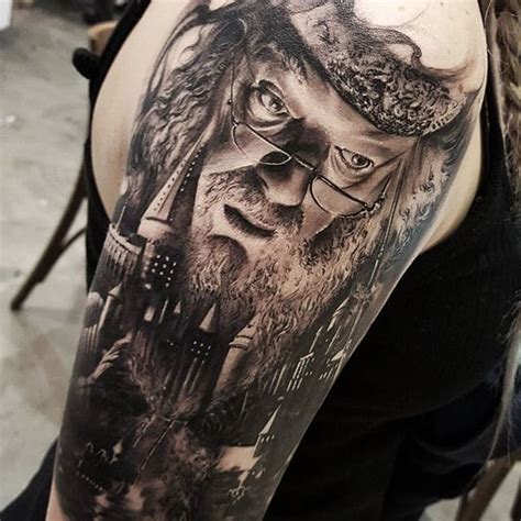 Black & Grey Hogwarts (with Dumbledore)tattoo by Chris Mataafa' | Harry potter tattoos, Harry ...