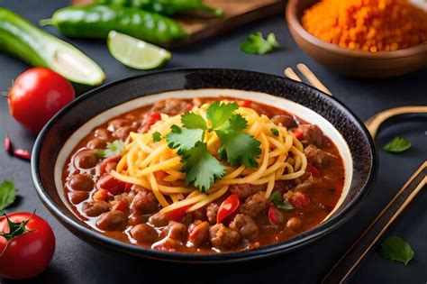 Premium AI Image | a bowl of chili with beans and vegetables.