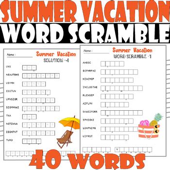 Summer Vacation Word Scramble Puzzle , Summer Vacation Activities