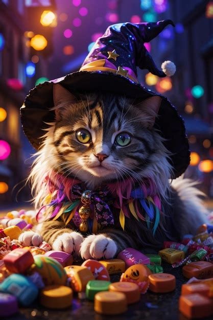 Premium AI Image | a cat in a halloween costume sits in front of a ...