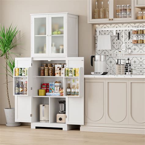 Homfa Solid Wood Small Furniture Kitchen Pantry Cabinet, Frosted Glass ...