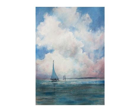 The Blue Boat Watercolor Painting Original Sunrise Beach Painting Seascape Painting Landscape ...