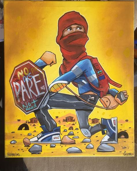 a painting of a person in a red hoodie holding a stop sign with the word no dare on it