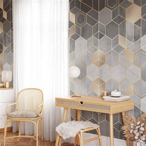 Geometric Black and Gold Hexagon Wallpaper - A Sophisticated Addition to Your Living Room ...