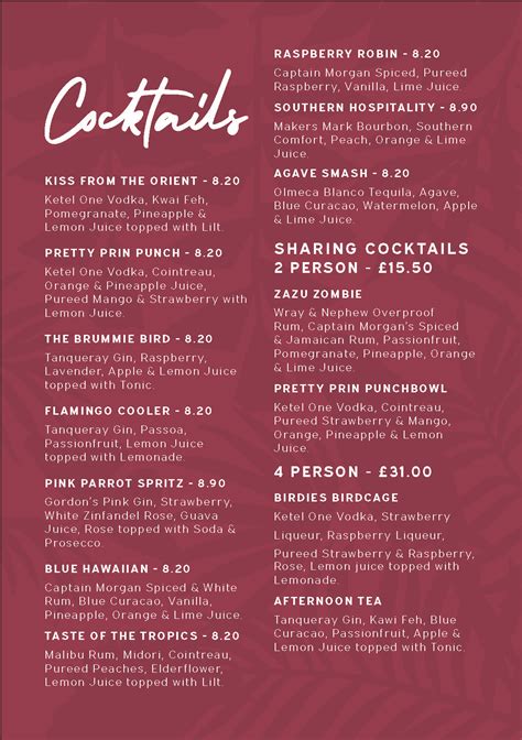 Food & Drink Menus | Birdies Bar in Birmingham