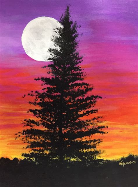 Acrylic Painting of Pine Tree at Sunset with Moon