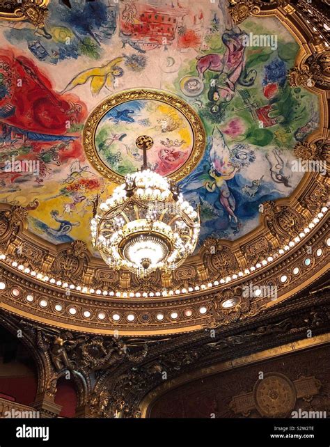 Ceiling and chandelier in the auditorium of the Palais Garnier (Opera ...