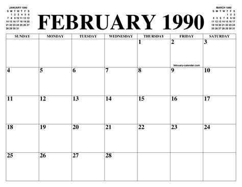 FEBRUARY 1990 CALENDAR OF THE MONTH: FREE PRINTABLE FEBRUARY CALENDAR ...