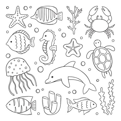 Hand drawn set of Fish and wild marine animals doodle. Sea life. Turtle ...