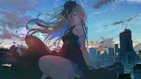 Anime Girl Sunrise City Scenery 4K #7950h Wallpaper PC Desktop