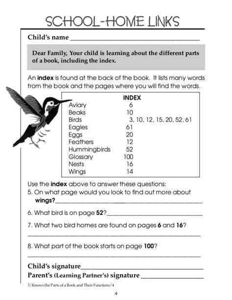 Using an Index - School-Home Links Worksheet for 3rd Grade | Lesson Planet