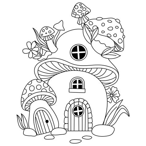 Mushroom house and flowers on the top outline artwork coloring pages ...