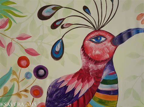 folk bird art Folk bird painting 64x44 Original