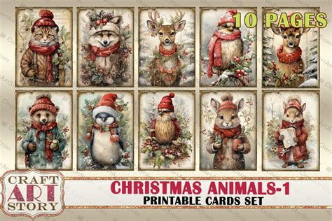 Vintage Christmas animals-1 printable cards set,winter