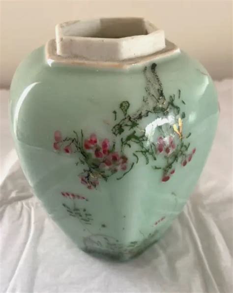 CHINESE GLAZED PORCELAIN Celadon Green Hexagon Vase with flowers Ginger Jar $40.50 - PicClick