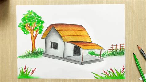 Scenery Drawing of Village House and Tree House with Garden