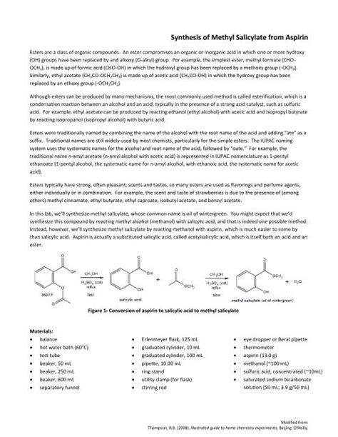 Synthesis of Methyl Salicylate from Aspirin