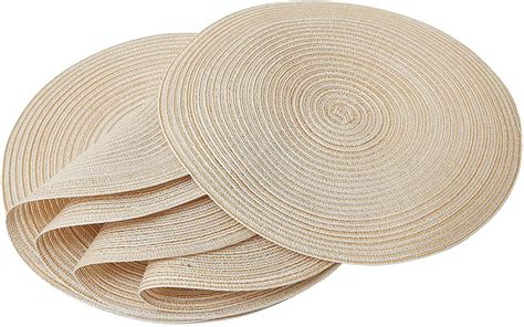 Beige Round Braided Placemats Set of 6 Washable Round Placemats for Kitchen Table 15 inch Round ...