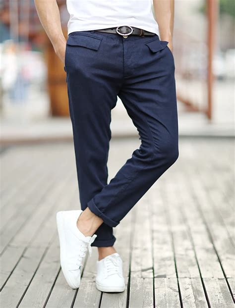 2017 Men Casual Linen Solid Color Ankle length Pants Men Slim Fit High ...