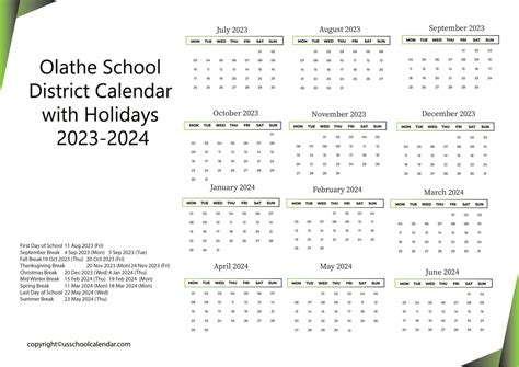 Olathe School District Calendar with Holidays 2023-2024