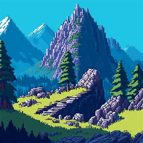 Landscape 8bit pixel art. Summer natural landscape mountain scenery arcade video game background ...