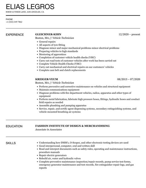 Vehicle Technician Resume Samples | Velvet Jobs