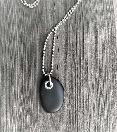 Beach Stone Jewelry Black Stone Necklace Sterling Silver Riveted Lake ...