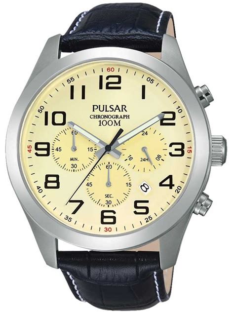 Pulsar Gents Chronograph Leather Strap Watch (PT3665X1) - Watchbay