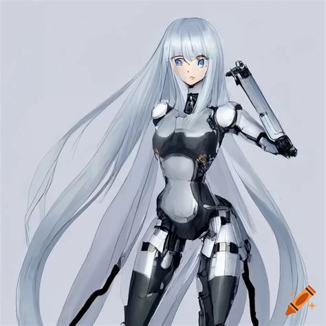 Full body anime art of a white-haired female with a robotic left arm on ...