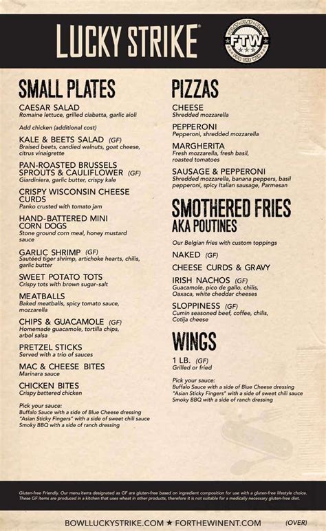 Lucky Strike menu in Philadelphia, Pennsylvania, USA