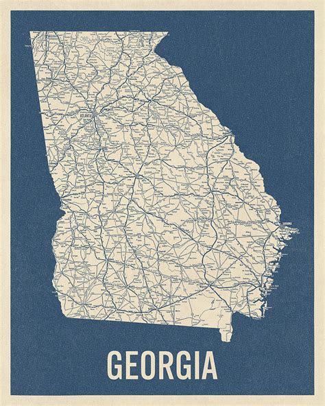 Vintage Georgia Road Map, Blue on Beige #2 Drawing by Blue Monocle ...