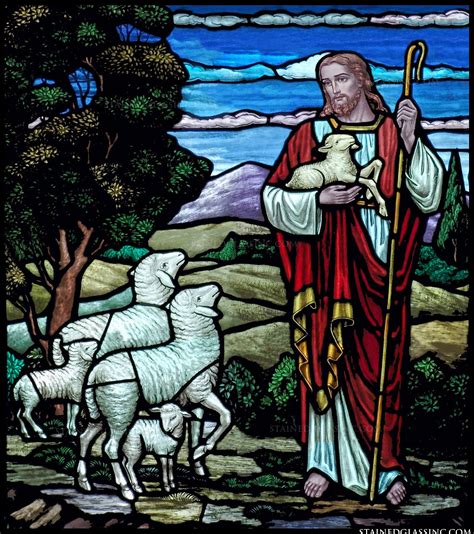 "Jesus with His Sheep" Religious Stained Glass Window