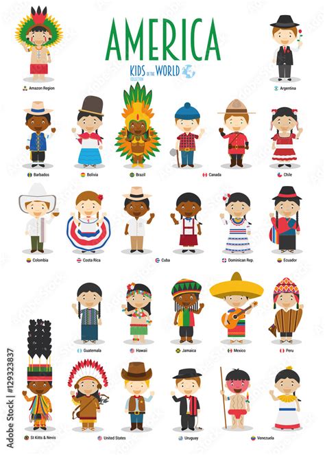 Kids and nationalities of the world vector: America. Set of 25 ...