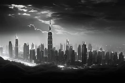 Premium AI Image | Foggy cityscape with skyscrapers and clouds at night