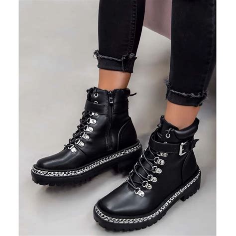 Womens Chunky Ankle Boots Low Block Heel Black Faux Leather Lace Up ...