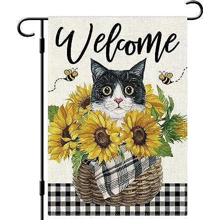 Amazon.com : DLZDN Sunflower Cat Garden Flag Tuxedo Cat Garden Flag 12x18 Inch Vertical Double ...
