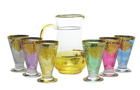 7 Piece Drinkware Set with Gold Artwork - World Art Glass - Murano ...