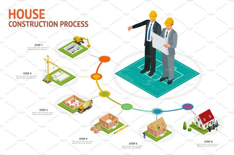 Infographic construction of a blockhouse. House building process. Foundation pouring ...