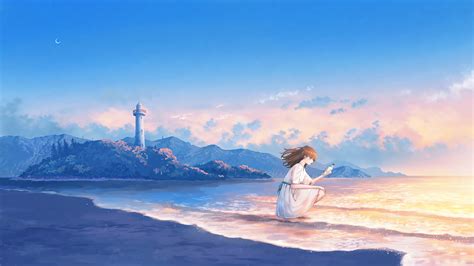 Sunset Beach Wave Scenery Anime 4K #8770i Wallpaper PC Desktop