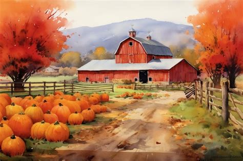 Premium AI Image | painting of a farm with a barn and pumpkins in the ...